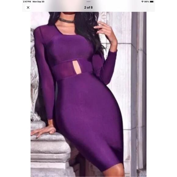 Miss Circle Revolve Purple Bandage Bodycon long sleeve mini Dress Mesh small - Picture 1 of 13